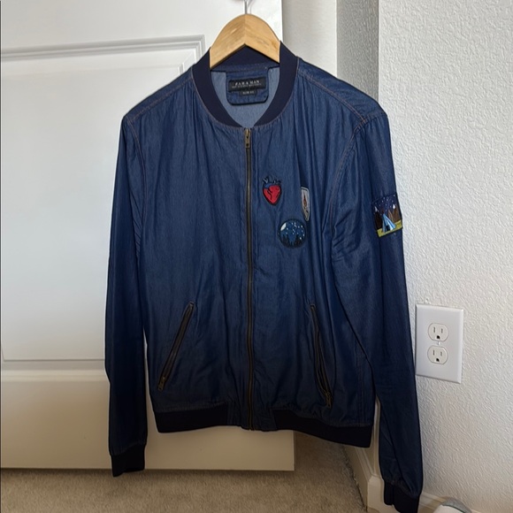 Zara Blue Bomber Jacket with Embroidered Patches - Picture 1 of 5